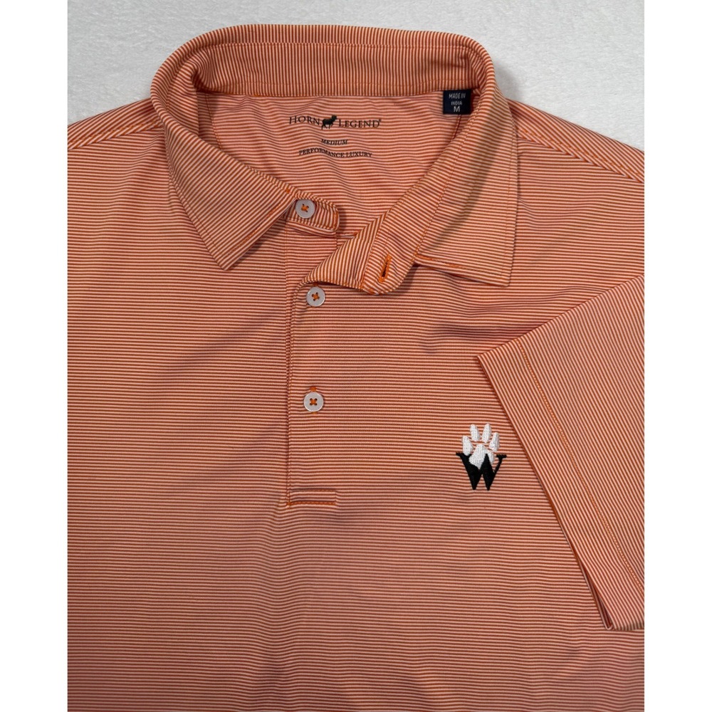 Horn Legend Mens Orange White Striped Performance Polo Shirt Medium Paw Logo
